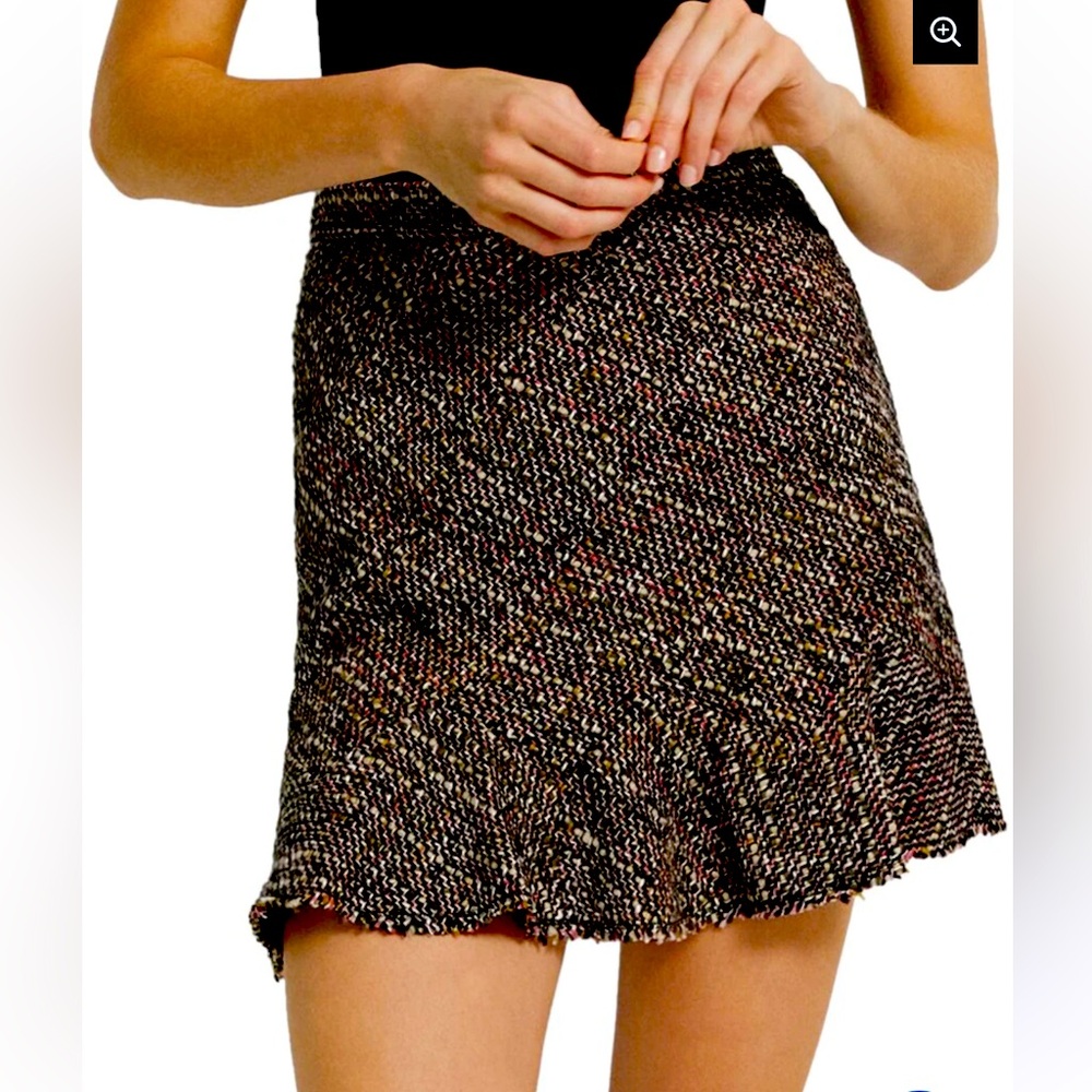 Theory Tweed Mini Skirt Wool Blend Ruffle Hem High Waist Size S Black Multi